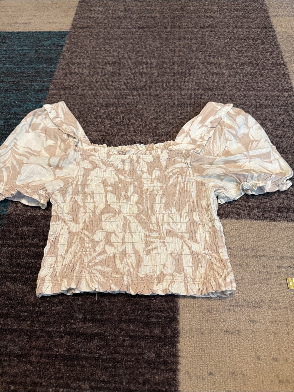 Monteau Smocked Off-Shoulder Puff Sleeve Top - Cream Taupe